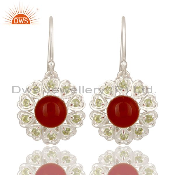 925 Sterling Silver Red Onyx And Peridot Gemstone Designer Heart Earrings