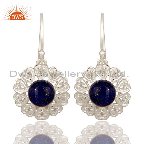 Lapis Lazuli And White Topaz Gemstone Sterling Silver Designer Heart Earrings