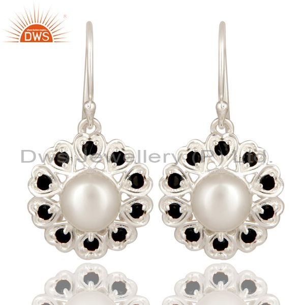 925 Sterling Silver White Pearl And Black Onyx Gemstone Designer Dangle Earrings