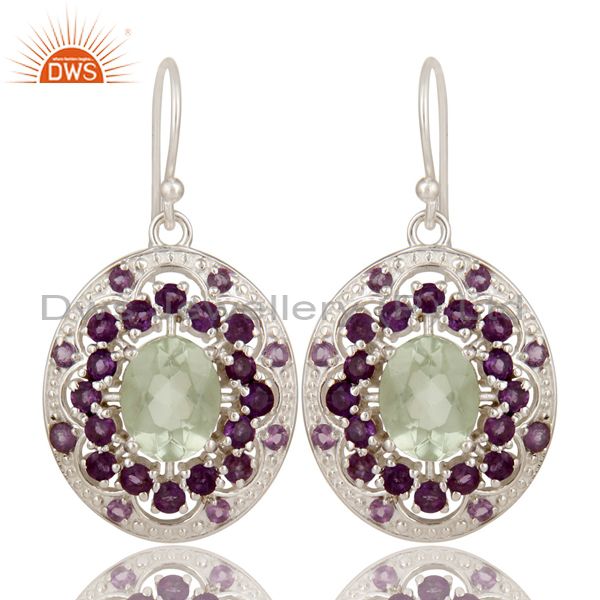925 Sterling Silver Purple Amethyst And Green Amethyst Designer Dangle Earrings