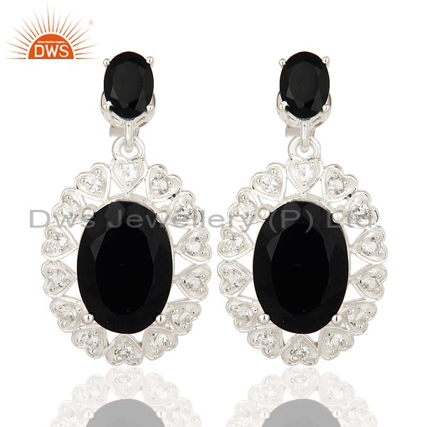 Oval Cut Black Onyx And White Topaz Sterling Silver Designer Earrings