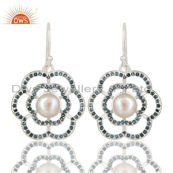 925 Sterling Silver White Pearl And Blue Topaz Flower Dangle Earrings