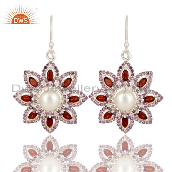 925 Sterling Silver Amethyst, Garnet And Pearl Flower Designer Dangle Earrings