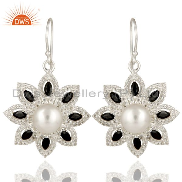 925 Sterling Silver Pearl, Black Onyx And White Topaz Flower Dangle Earrings