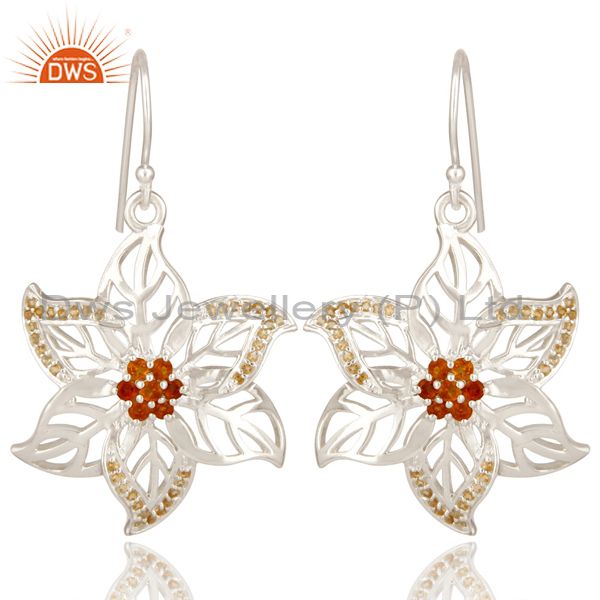 925 Sterling Silver Natural Citrine Gemstone Floral Design Dangle Earrings