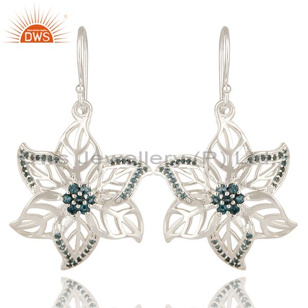 925 Sterling Silver London Blue Topaz Gemstone Floral Design Dangle Earrings