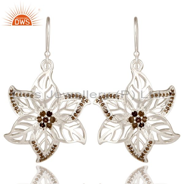 925 Sterling Silver Smoky Quartz Gemstone Floral Design Dangle Earrings