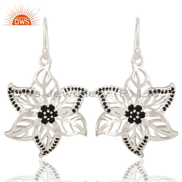 Designer Black Spinel Gemstone 925 Sterling Silver Leaf Dangle Earrings