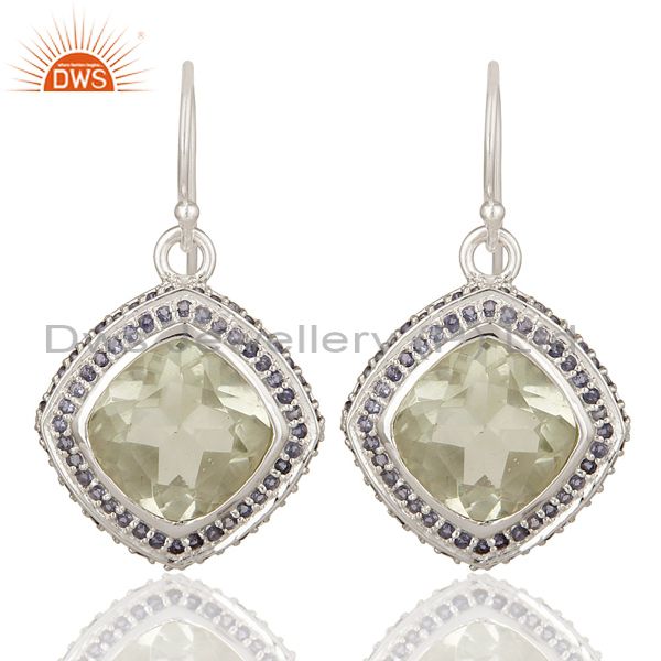 Green Amethyst And Iolite Gemstone Dangle Earrings In Sterling Silver