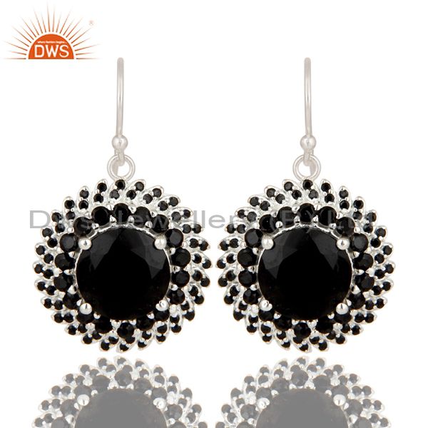925 Sterling Silver Black Spinel And Black Onyx Gemstone Flower Dangle Earrings