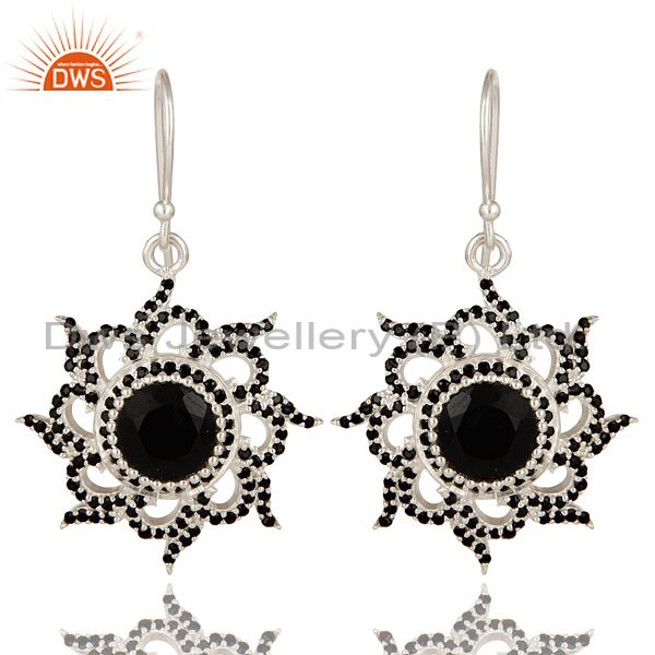 Solid 925 Sterling Silver Flower Design Spinal & Black Onyx Drops Earrings