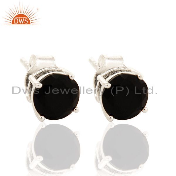 7mm Round Black Onyx Gemstone Sterling Silver Stud Earrings For Womens