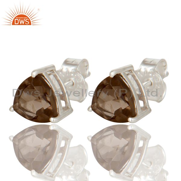 Trillion Cut Smoky Quartz Gemstone Sterling Silver Basket Set Stud Earrings