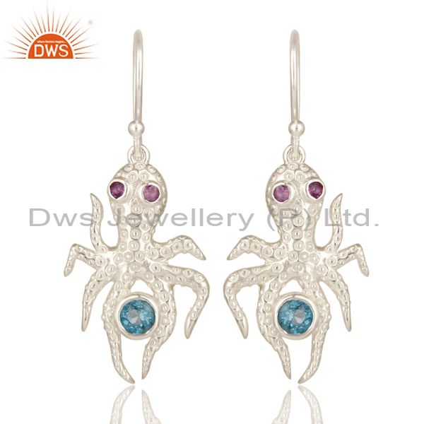 Amethyst And Blue Topaz Gemstone Sterling Silver octopus Dangle Earrings