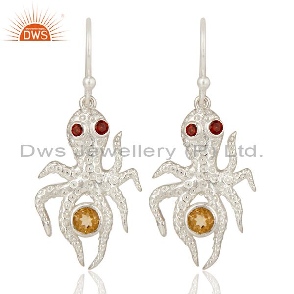 Citrine and Garnet Gemstone Sterling Silver Octopus Dangle Earrings