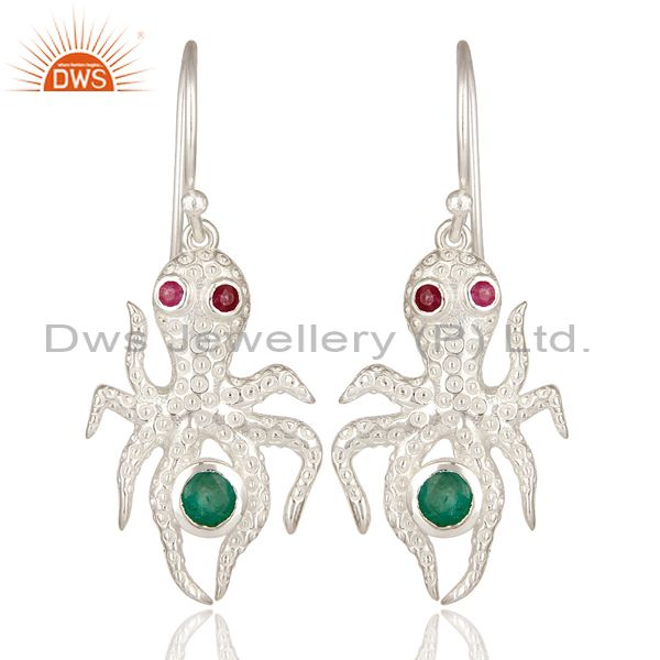 Designer Sterling Silver Ruby And Emerald Gemstone Octopus Dangle Earrings