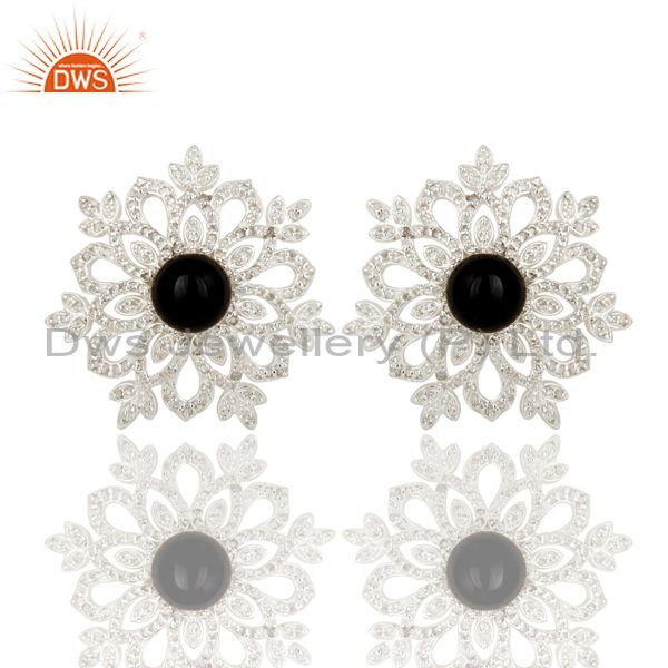 Black Onyx and White Topaz Sterling Silver Flower Designer Stud Earring