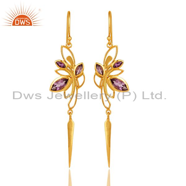 14K Yellow Gold Plated Amethyst Gemstone Modern Design Dangle Earrings