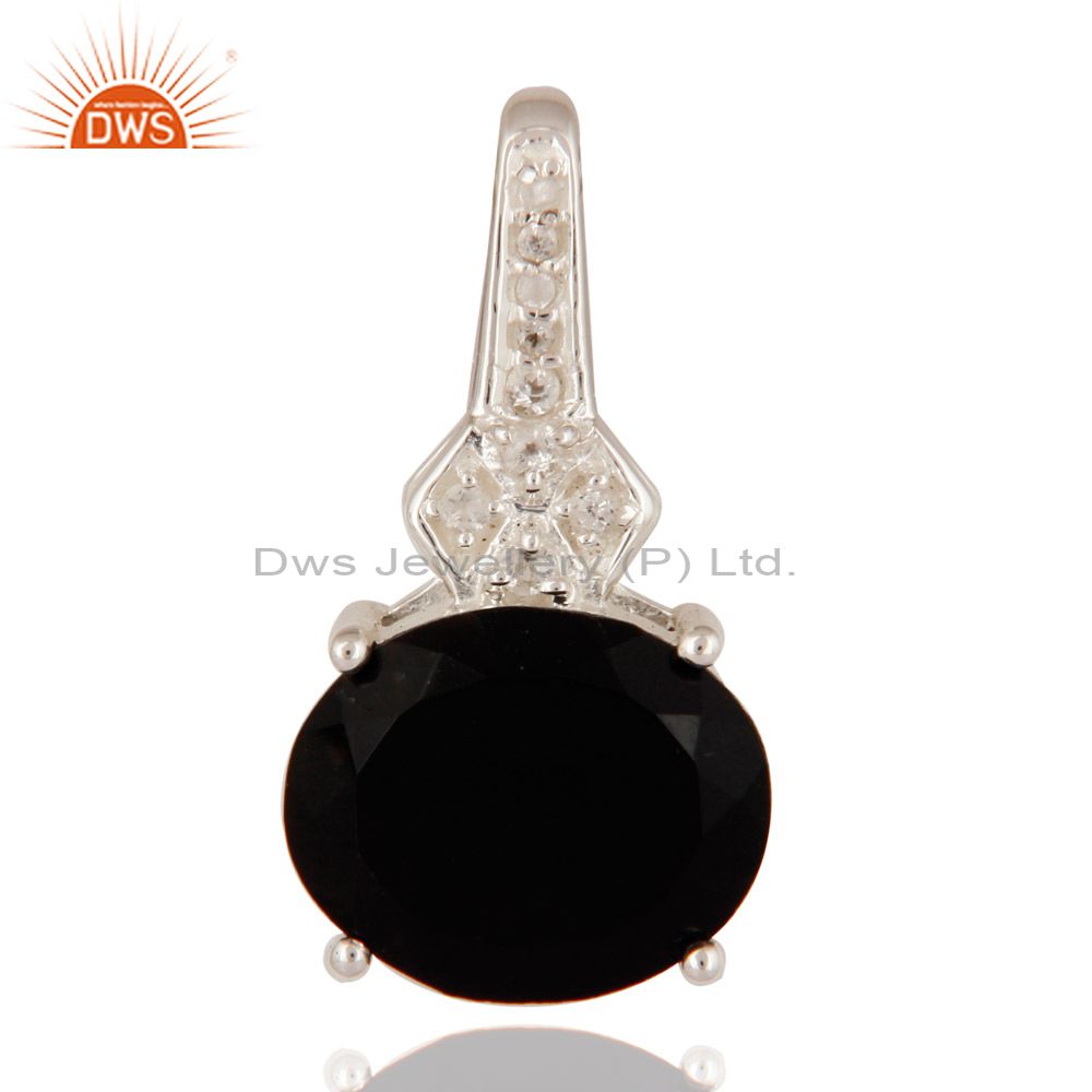 Solid 925 sterling silver prong set black onyx gemstone pendant with white topaz