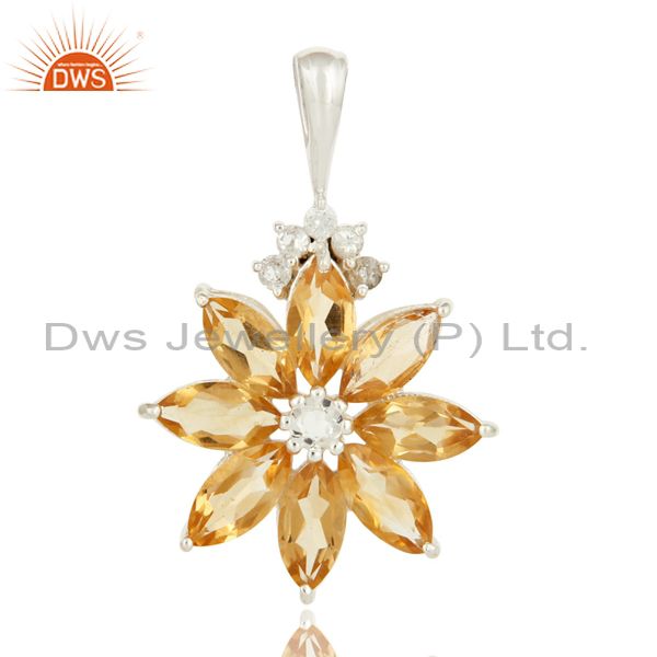 Natural citrine 925 sterling silver solitaire pendant with white topaz