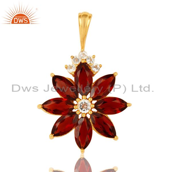18k gold plated sterling silver marquise cut garnet pendant with white topaz