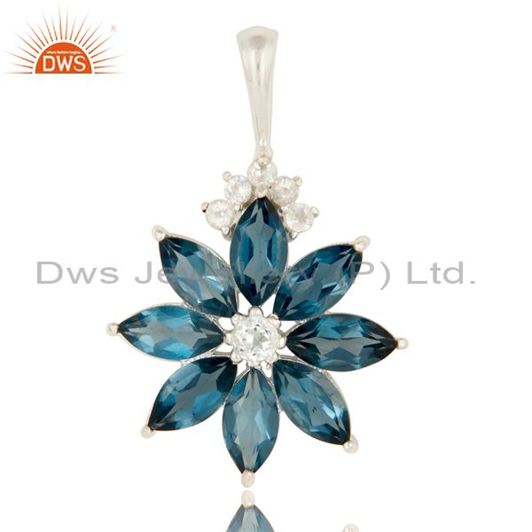 925 sterling silver london blue topaz flower cluster pendant with white topaz