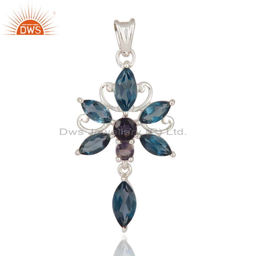 London blue topaz gemstone iolite sterling silver butterfly solitaire pendant