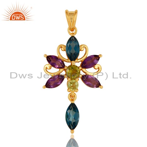 Natural peridot, amethyst and blue topaz sterling silver pendant with gold plate