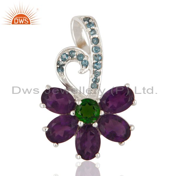 Natural amethyst, blue topaz and chrome diopside pendant in 925 sterling silver