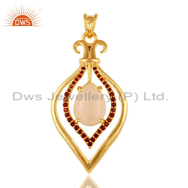 Rose quartz and garnet gemstone sterling silver pendant - yellow gold plated