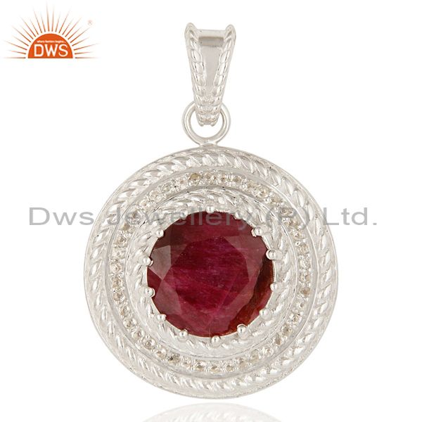 925 sterling silver red corundum and white topaz prong set circle pendant
