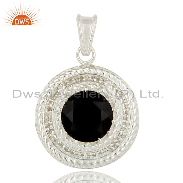Handmade sterling silver black onyx and white topaz disc pendant