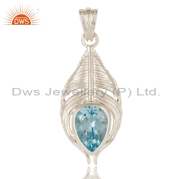 Designer sterling silver natural blue topaz gemstone peacock feather pendant