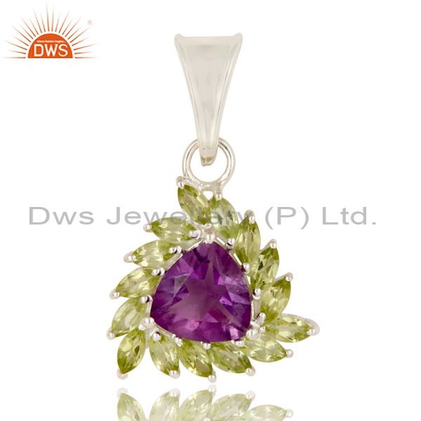 Natural purple amethyst and peridot sterling silver designer cluster pendant