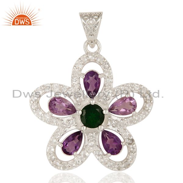 Designer amethyst, peridot and chrome diopside sterling silver flower pendant