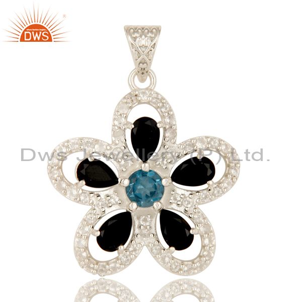 925 sterling silver blue topaz and black onyx flower pendant with white topaz