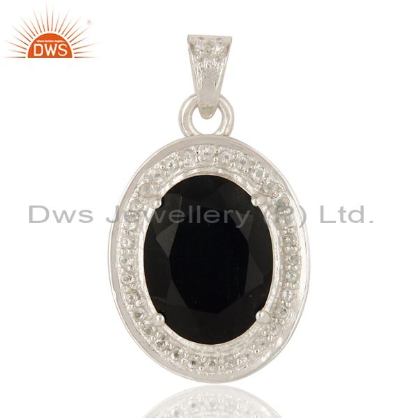 Natural black onyx and white topaz sterling silver prong set gemstone pendant