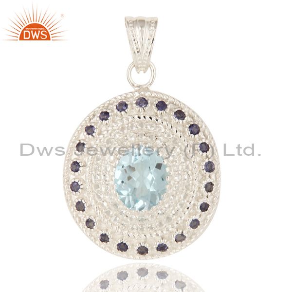 Natural blue topaz and white topaz sterling silver pendant with iolite