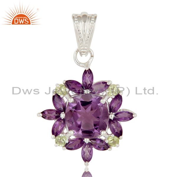 Amethyst and peridot sterling silver prong set gemstone flower pendant
