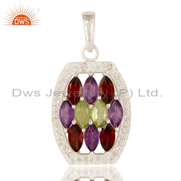 Amethyst, garnet and peridot sterling silver cluster pendant with white topaz