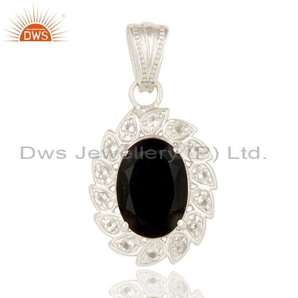 925 sterling silver black onyx and white topaz gemstone floral designer pendant