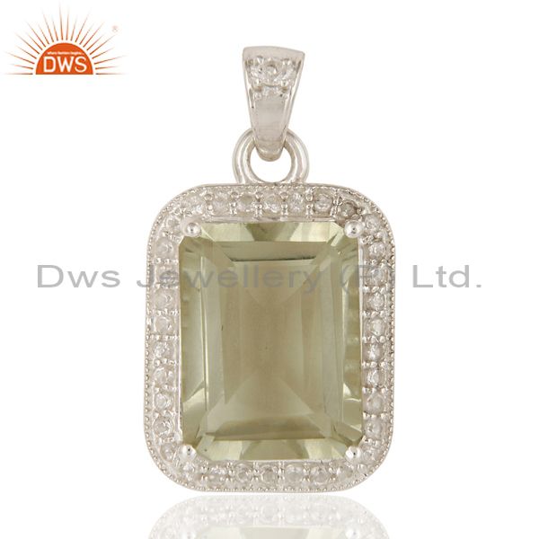 Green amethyst gemstone 925 sterling silver prong set pendant with white topaz