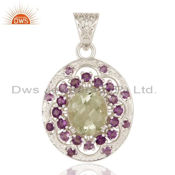 Natural amethyst and prasiolite gemstone fine sterling silver pendant jewelry