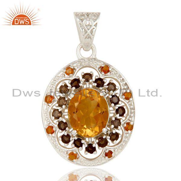 Natural citrine and smoky gemstone solid sterling silver cluster pendant