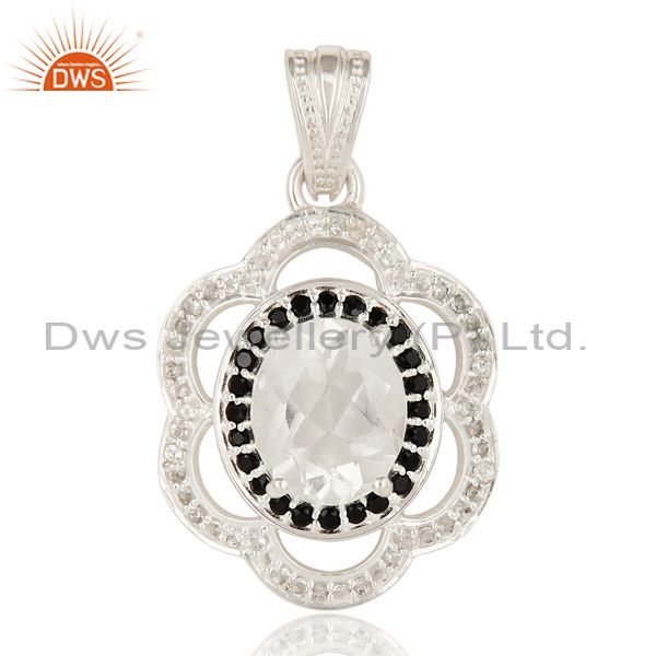 925 sterling silver black spinel, crystal quartz and white topaz cluster pendant