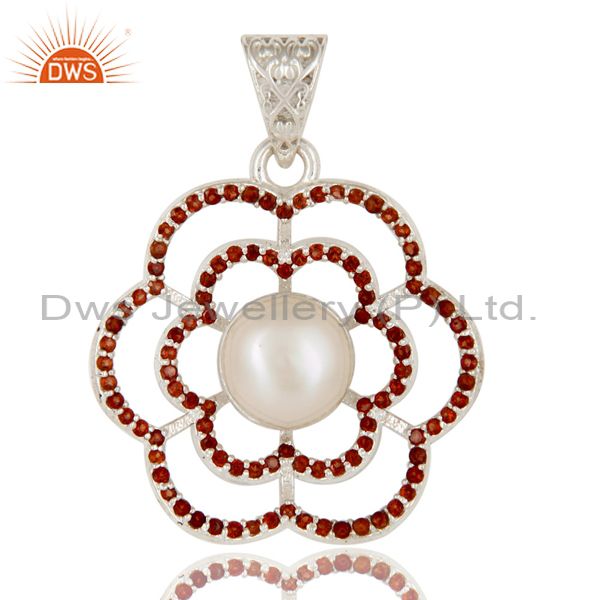 925 sterling silver white pearl and garnet gemstone designer pendant