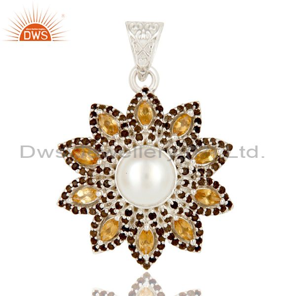 Natural citrine smoky and white pearl sterling silver flower design pendant
