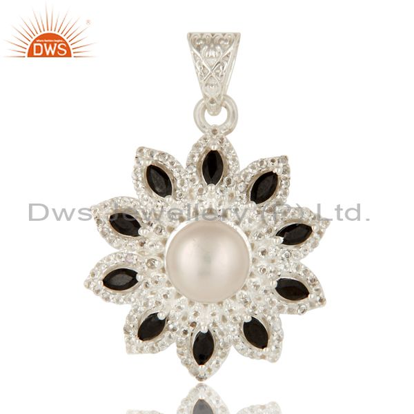925 sterling silver white pearl, black onyx and white topaz designer pendant