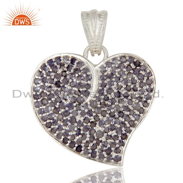 925 sterling silver micro pave set iolite gemstone heart shape pendant for women