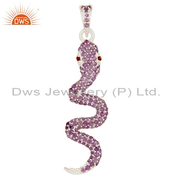 Designer solid sterling silver garnet and amethyst gemstone snake pendant